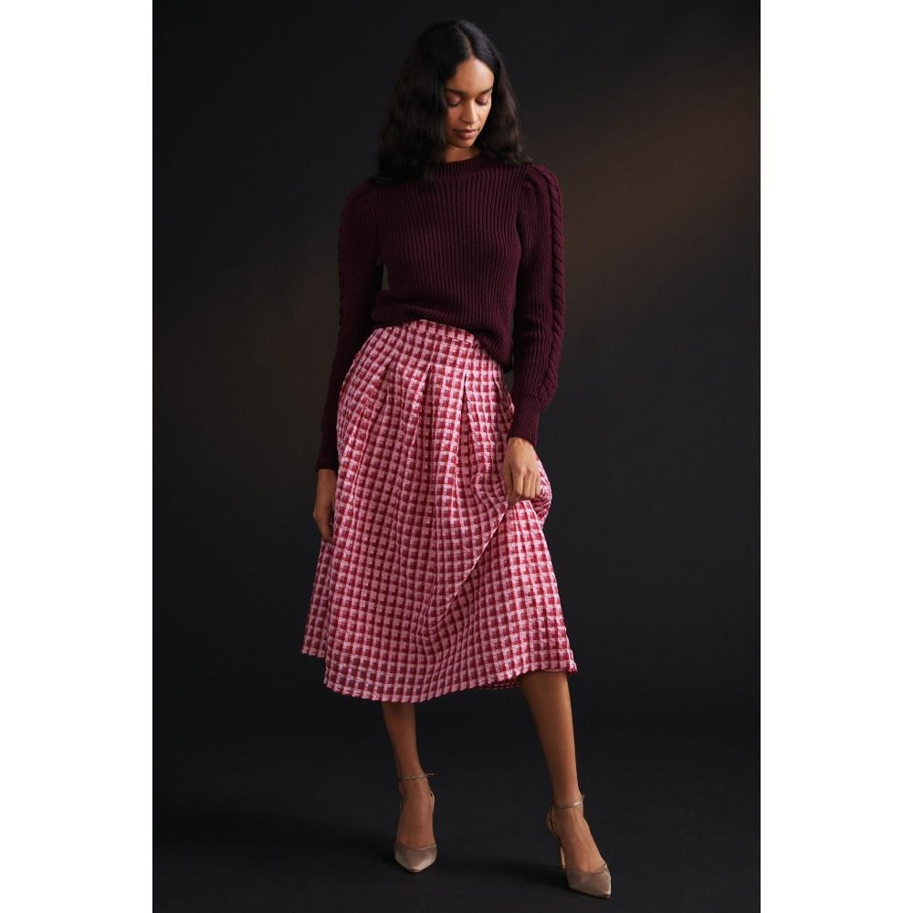 Anthropologie Eva Franco Textured Plaid Pink Midi Skirt - Regular& Petite